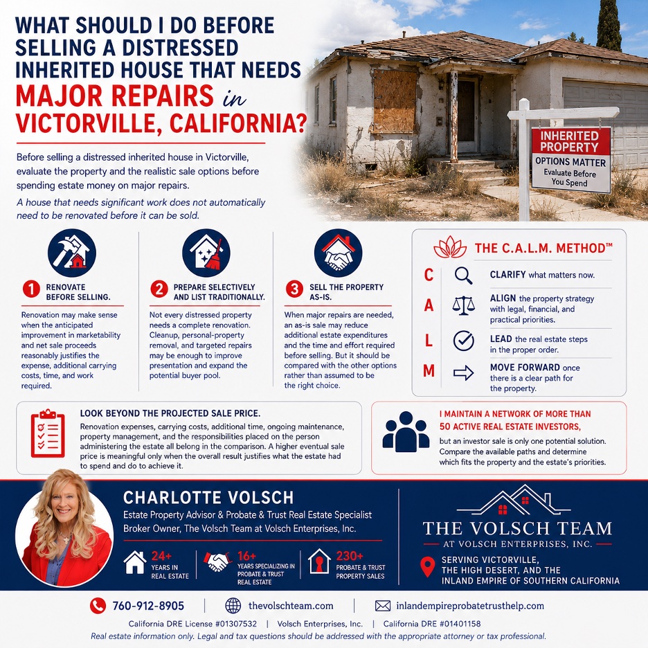 You are currently viewing What should I do before selling a distressed inherited house that needs major repairs in Victorville, California?